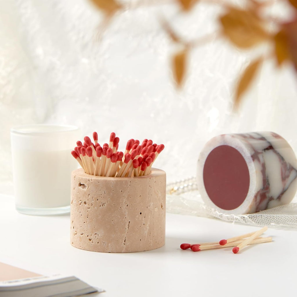 Luxury Natural Travertine Match Holder with Striker, Decorative Matchbox