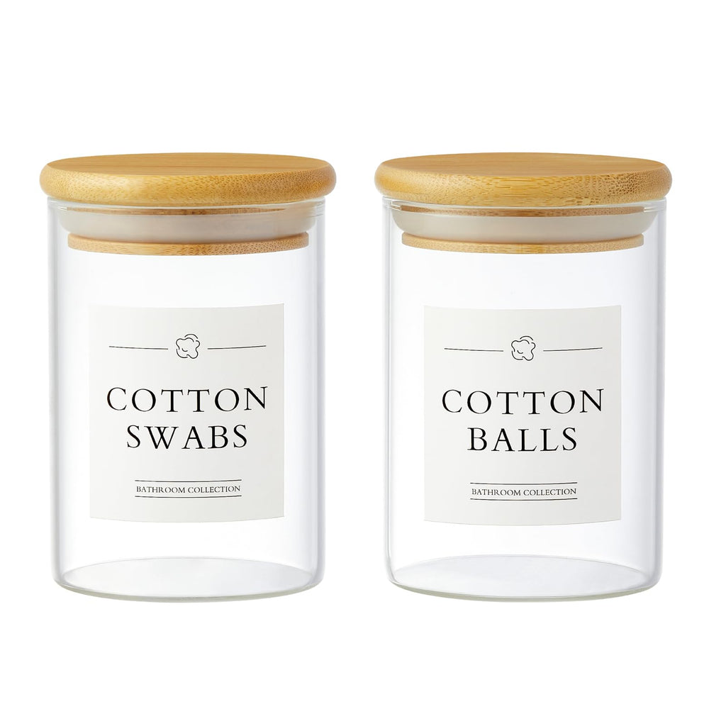 3 Pack Qtip Holder Dispenser - Glass Apothecary Jars with Lids, Cotton Ball Pad Swab Round Holder, Bamboo Bathroom