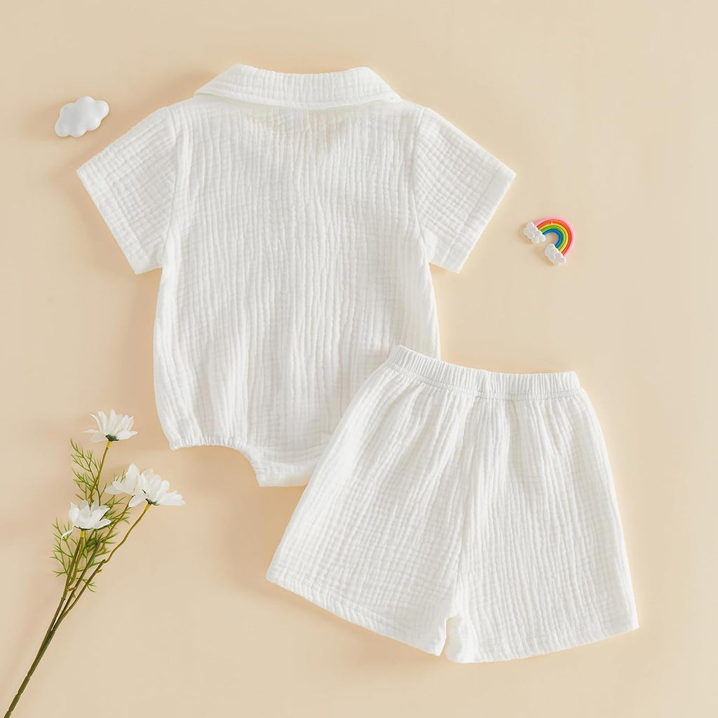 Newborn Infant Summer Outfit Baby Boy 2PCS Clothes Set Button Down Shirt Romper Cotton Gauze Shorts