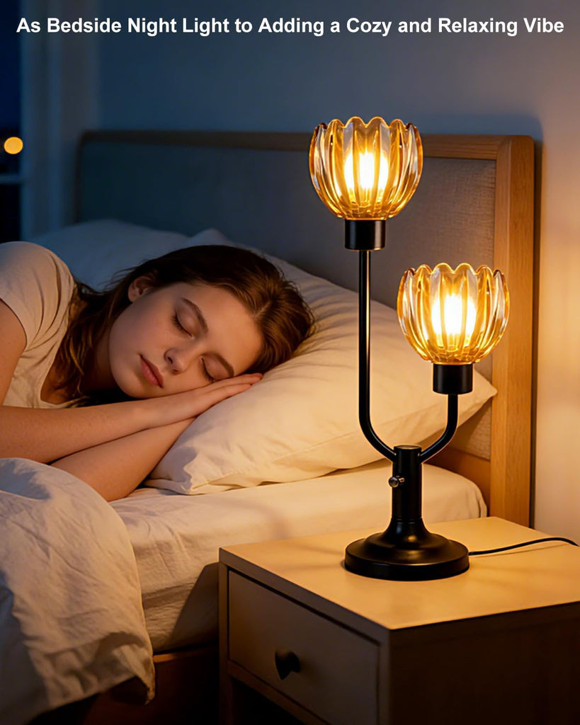 Mid Century Modern Glass Table Lamp Black Dimmable Desk Lamps with Brown Glass Shades 2 Bulbs Included 3000K Warmwhite