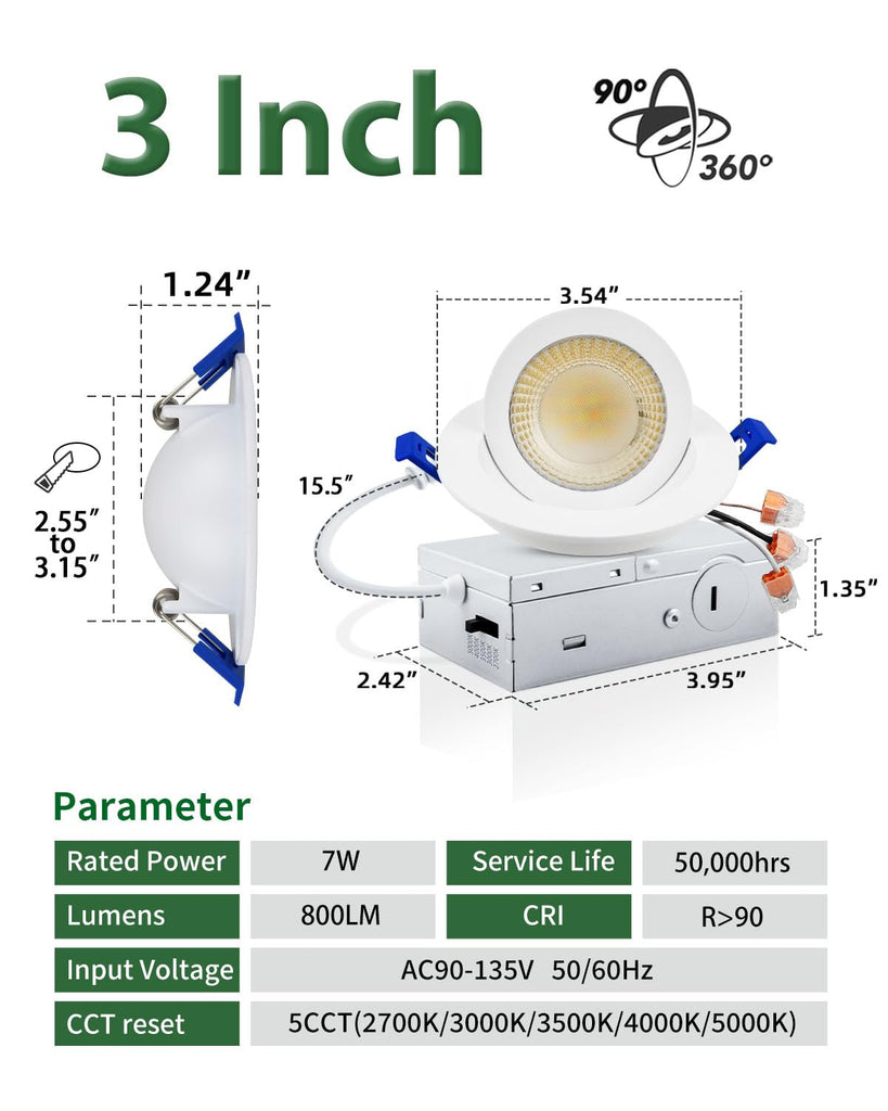 3 Inch Gimbal LED Recessed Lights, 5CCT, 7W 800LM, White 1 Pack