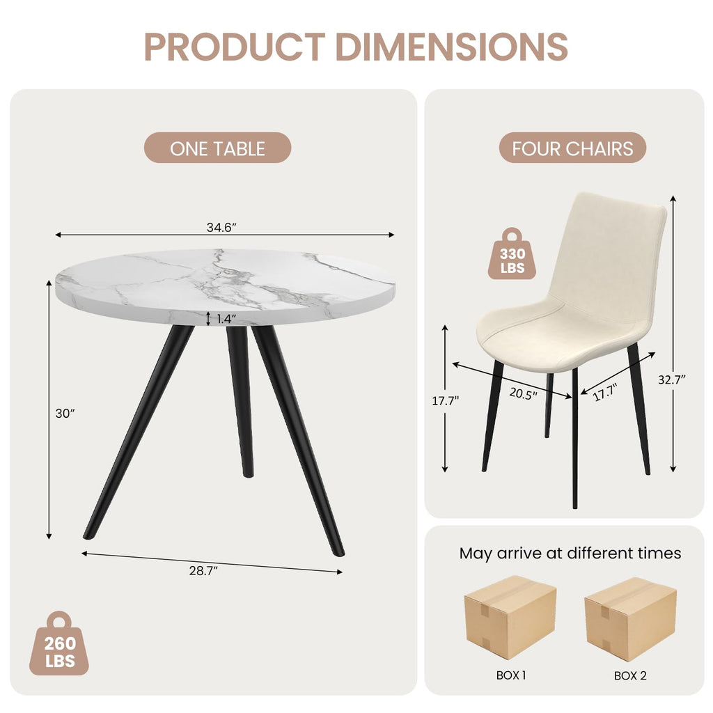 34.6" Round Dining Table Set for 4, Modern Kitchen Coffee Table Set, White