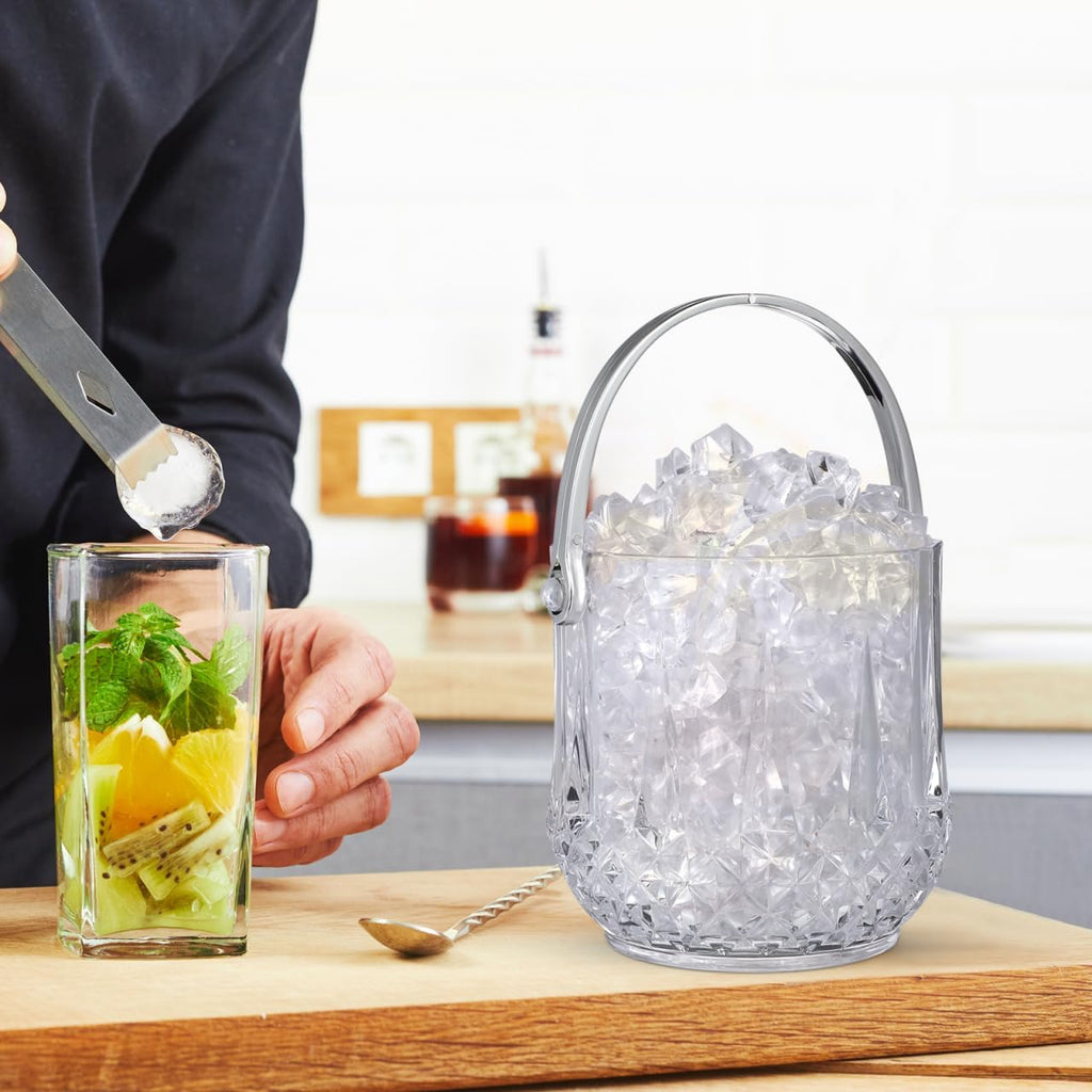 Small Plastic Ice Bucket with Tongs and Handle Clear Portable Ice Cube Bucket 5.11 Height for Wine Beer Beverage