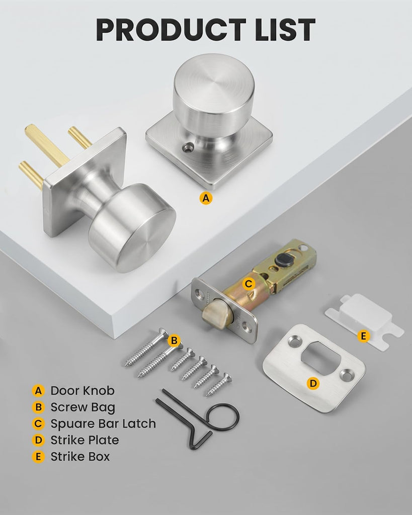 Brushed Nickel Door Knob Interior, Passage Door Knobs 2 Pack