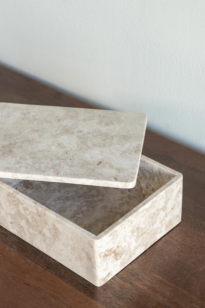 Beige Rectangular Marble Box - Decorative Storage, Home and Office Tabletop Decoration, Living Room Console Table