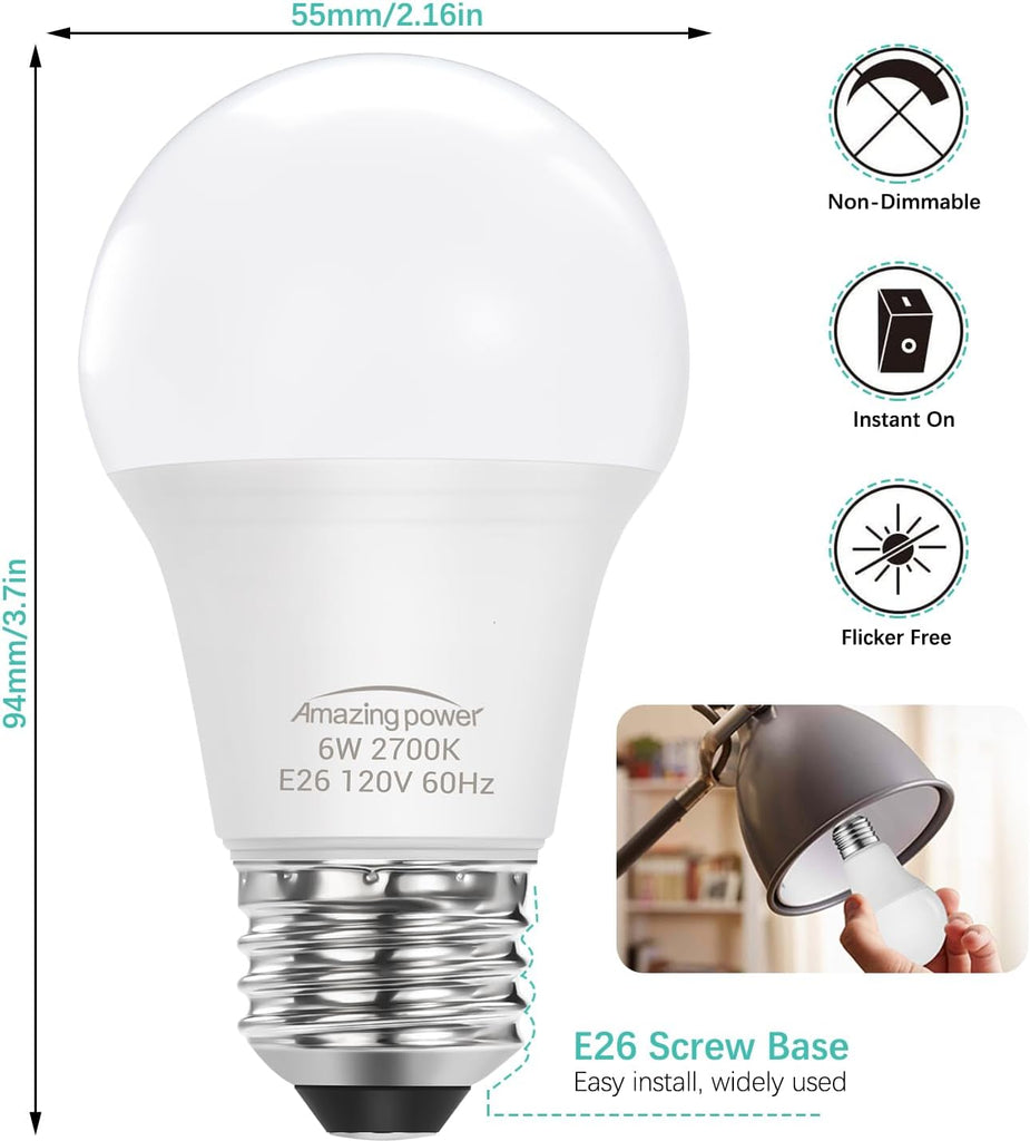 6W E26 LED Bulb, 40W Equivalent Light Bulbs, Soft White 2700K
