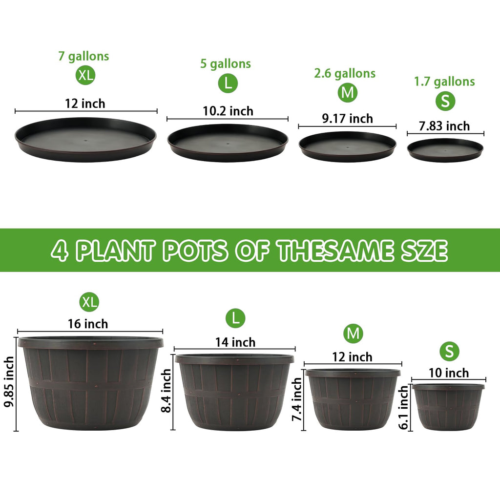 Plant Planters Pots Set of 4 Pack 16 Inch, Large Plastic Flower Pot