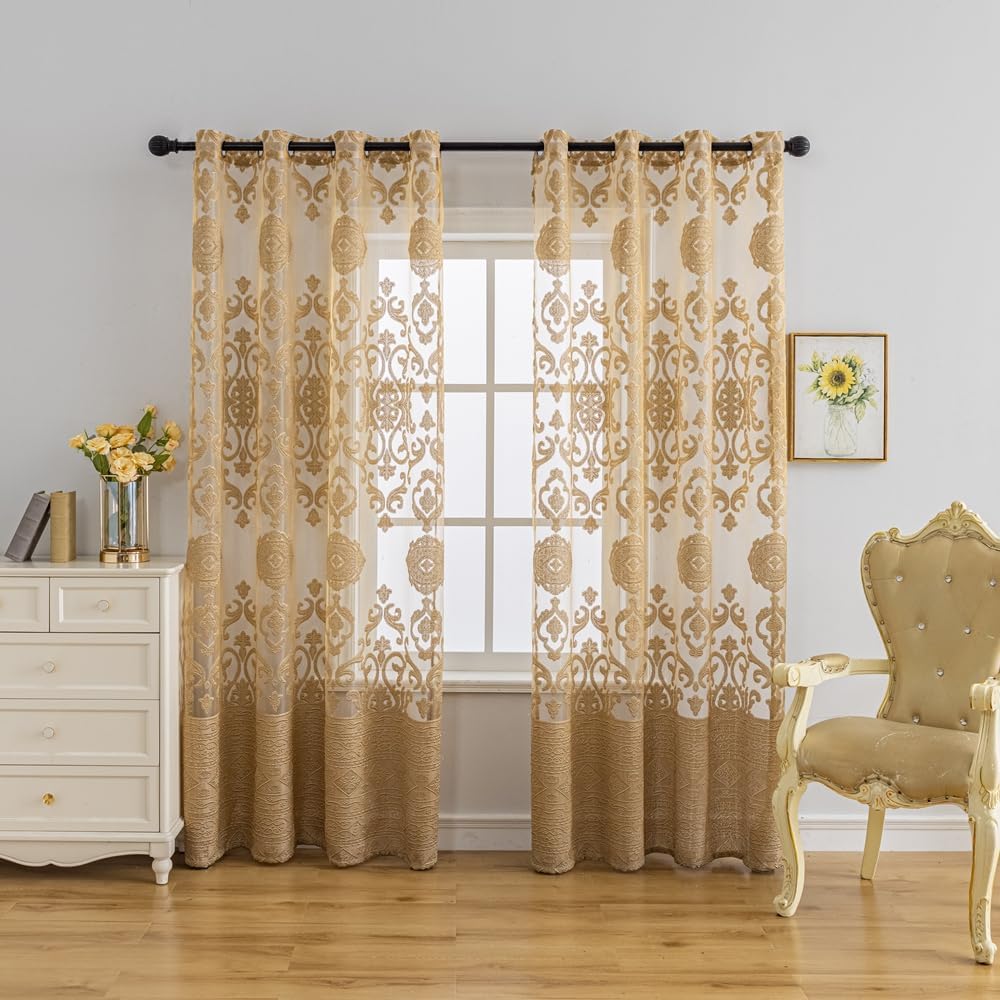 1 Pair Luxury European Sheer Curtains Hollow Embroidered Tulle Curtains Living Room (Gold,54x90 Inch)