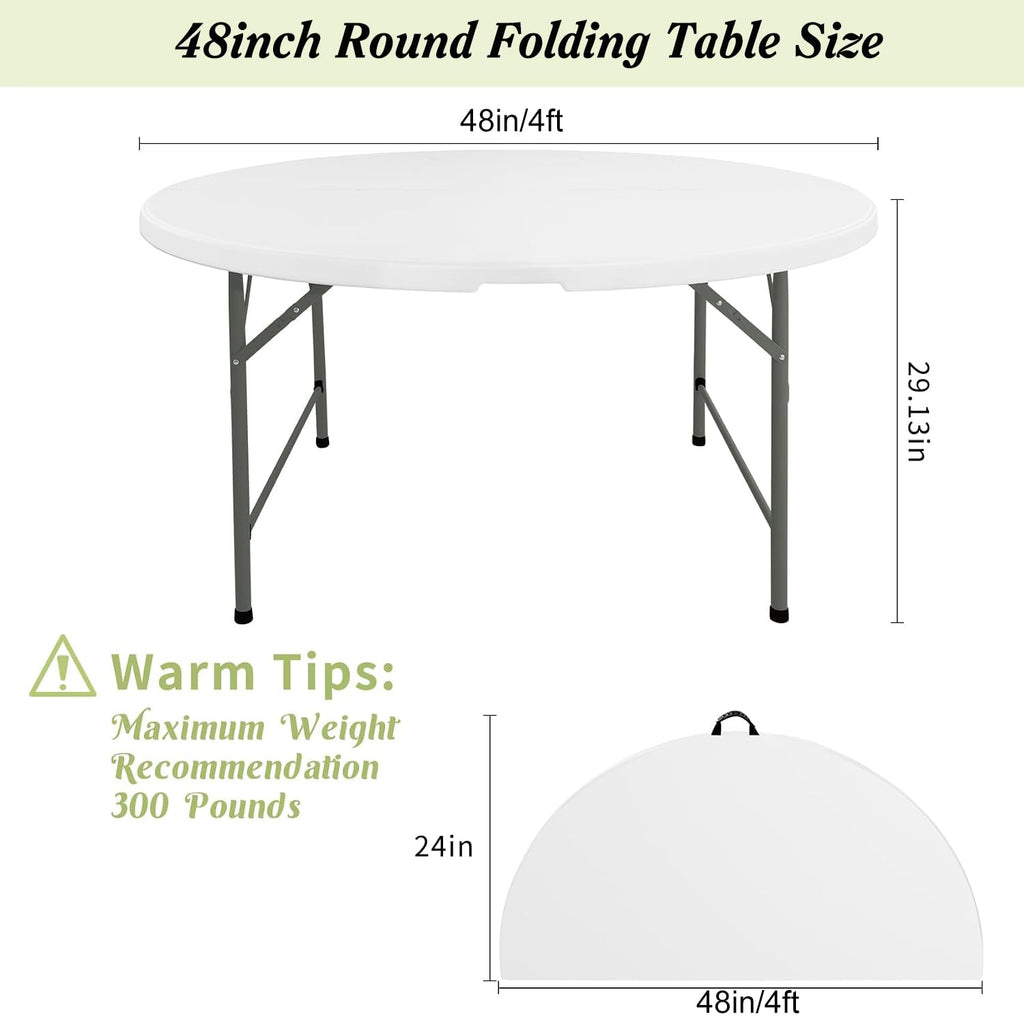 Round Folding Tables White Foldable Table, Fold-in-Half with Carrying Handle Portable Plastic Table for Party
