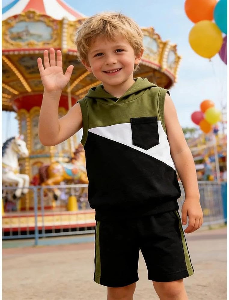Toddler Boy's 2 Piece Outfits Color Block Sleeveless Hoodie Tank Tops & Shorts Set Boys Summer Clothes
