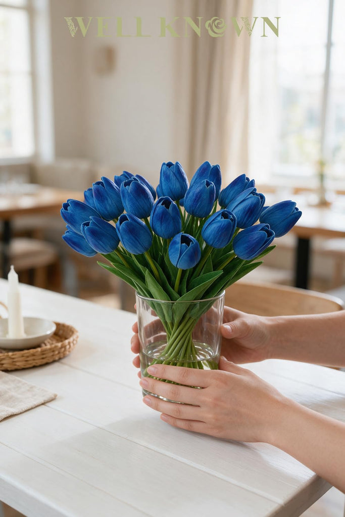 20pcs Royal Blue Fake Tulips in Vase with Faux Water