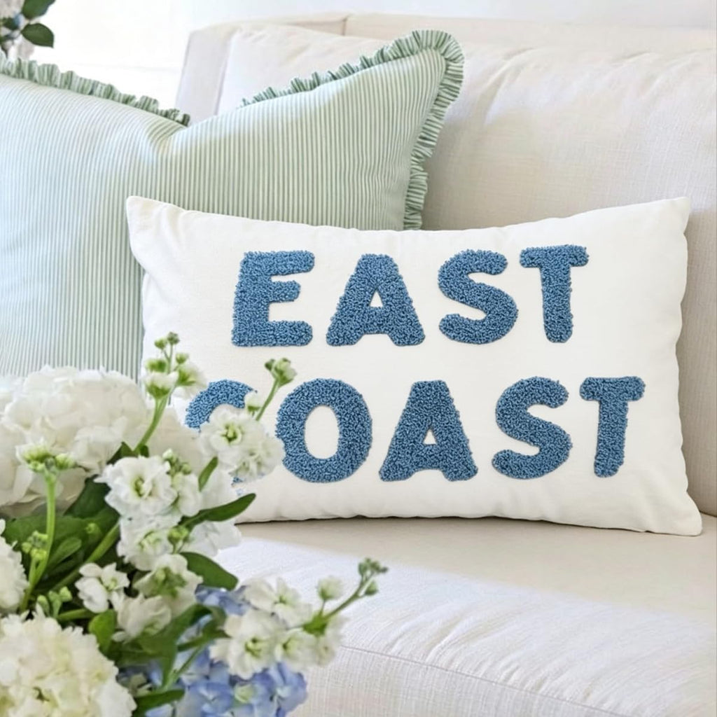Blue Coastal Tufted Embroidery Throw Pillow Cover 12x20