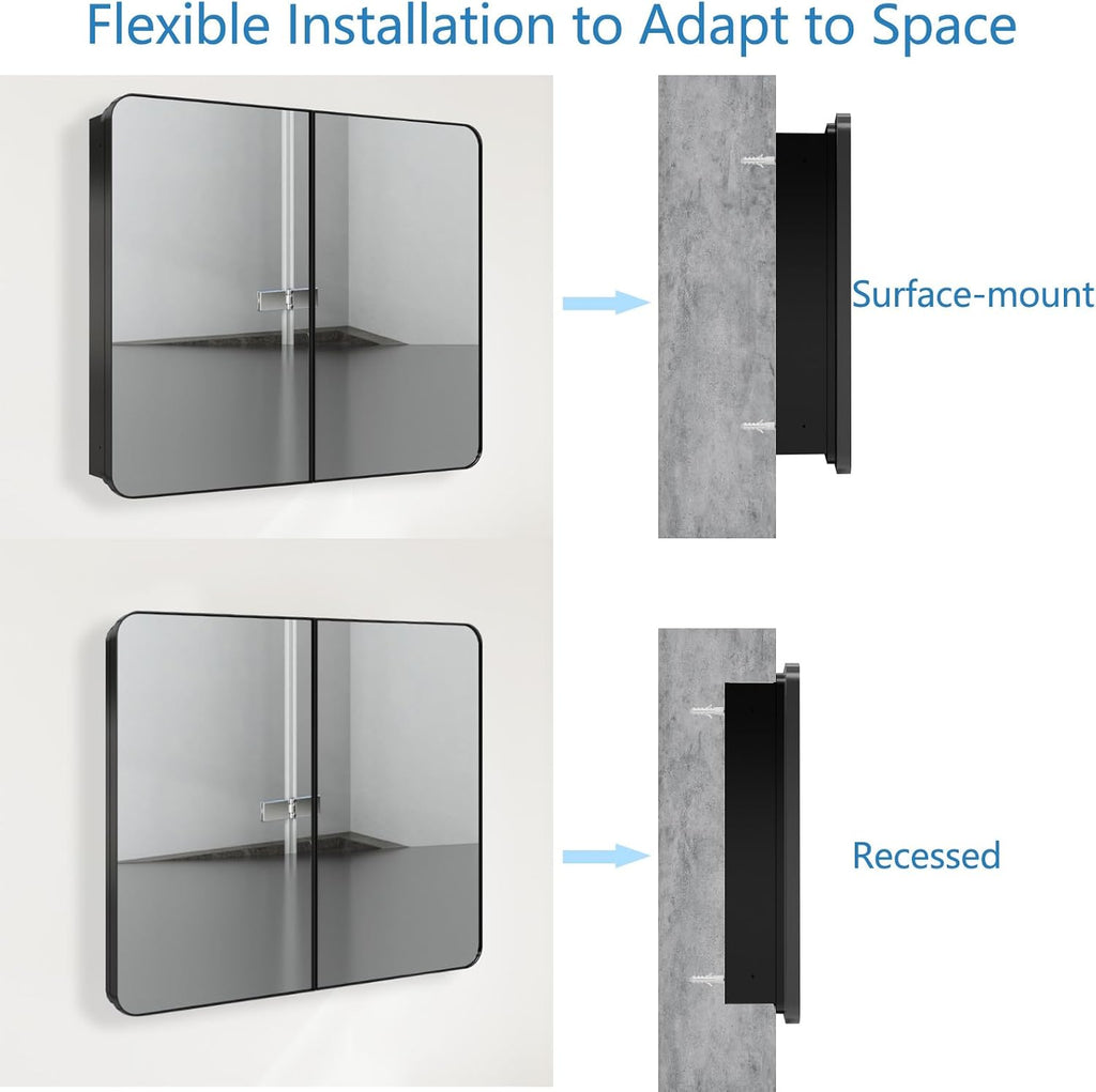 Bathroom Medicine Cabinet with 30"x26" Black Stainless Steel Framed Mirror,Recessed or Surface Mounted Bathroom