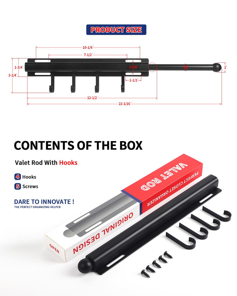 Valet Rod for Closets Pull Out 12" Black with 4 Hooks