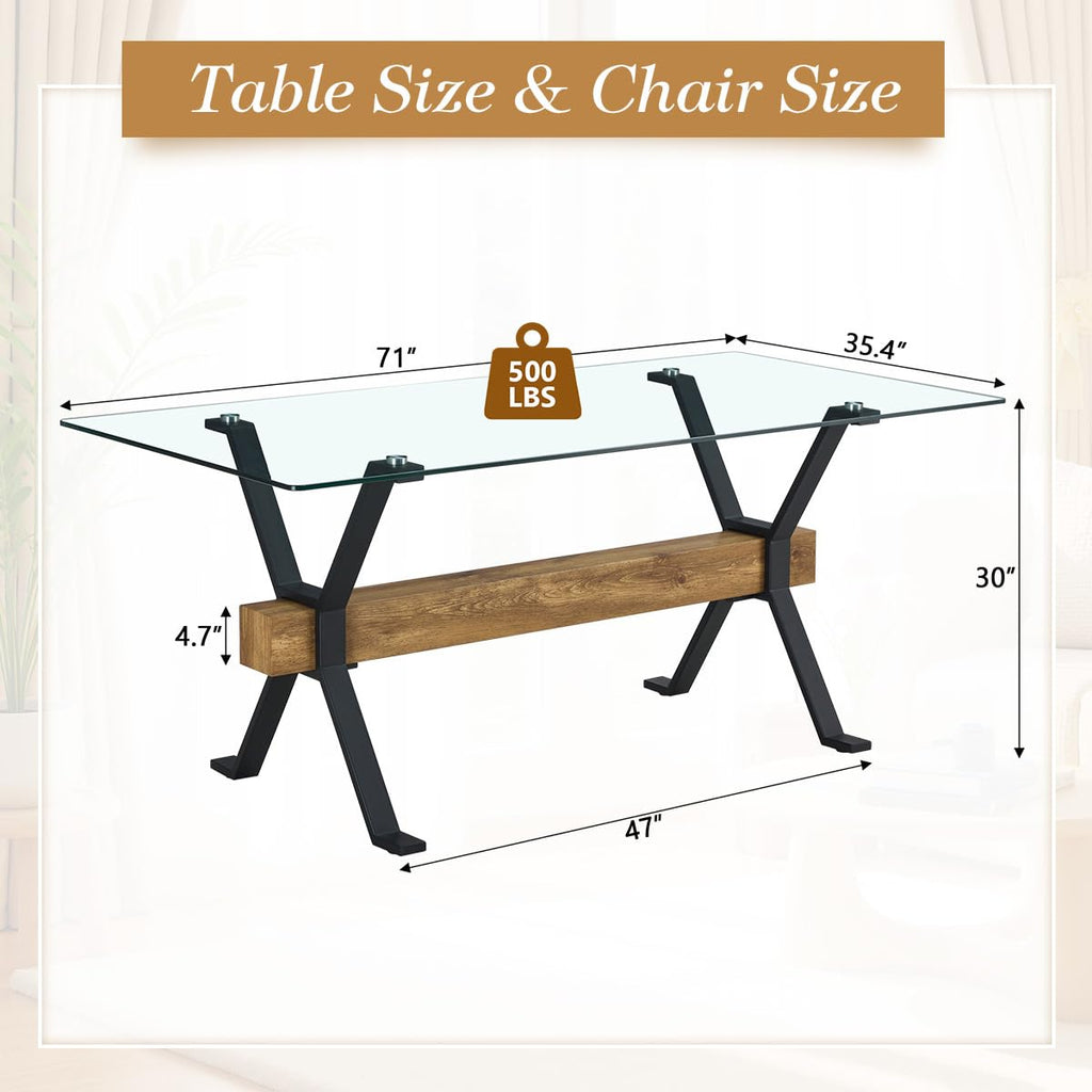 Glass Dining Table 71"|Modern Dining Table for 6-8|0.4" Thick Tempered Glass Top|Matte Black Metal Legs|Wooden