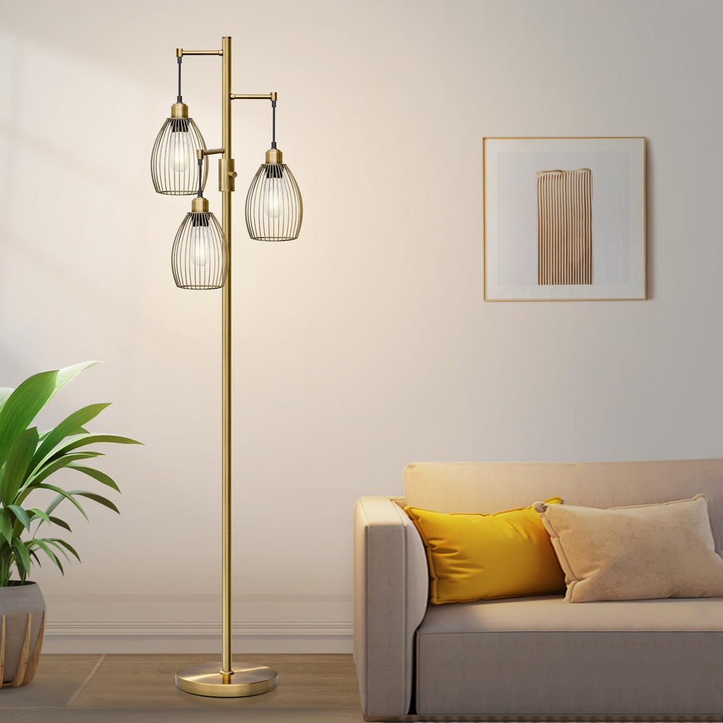 Dimmable Floor Lamp, 3 x 800LM LED Edison Bulbs Included, Farmhouse Industrial Floor Lamp Standing Tree Lamp