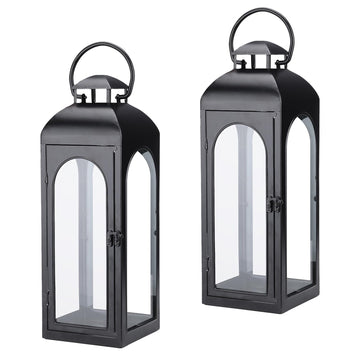 16 Inch Outdoor Indoor Lantern, Set of 2 Black Metal Candle Lanterns