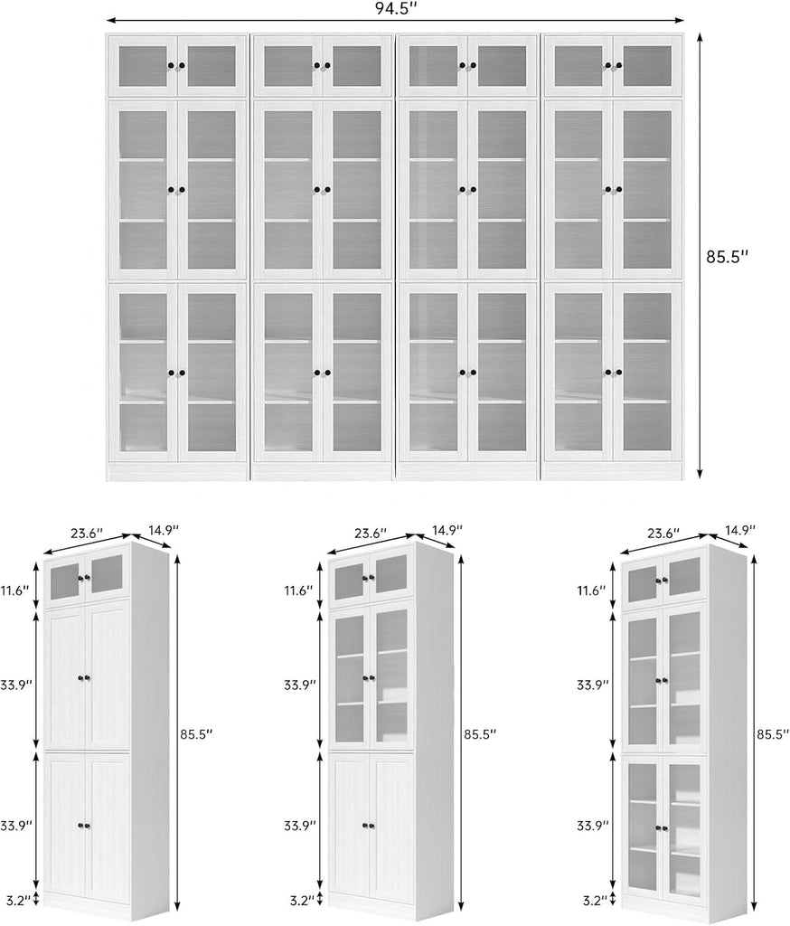 85.5" Modern Bookcase with Glass Doors Set of 4, 7-Tier Tall Wooden Bookshelf with Storage , Large Curio Cabinet