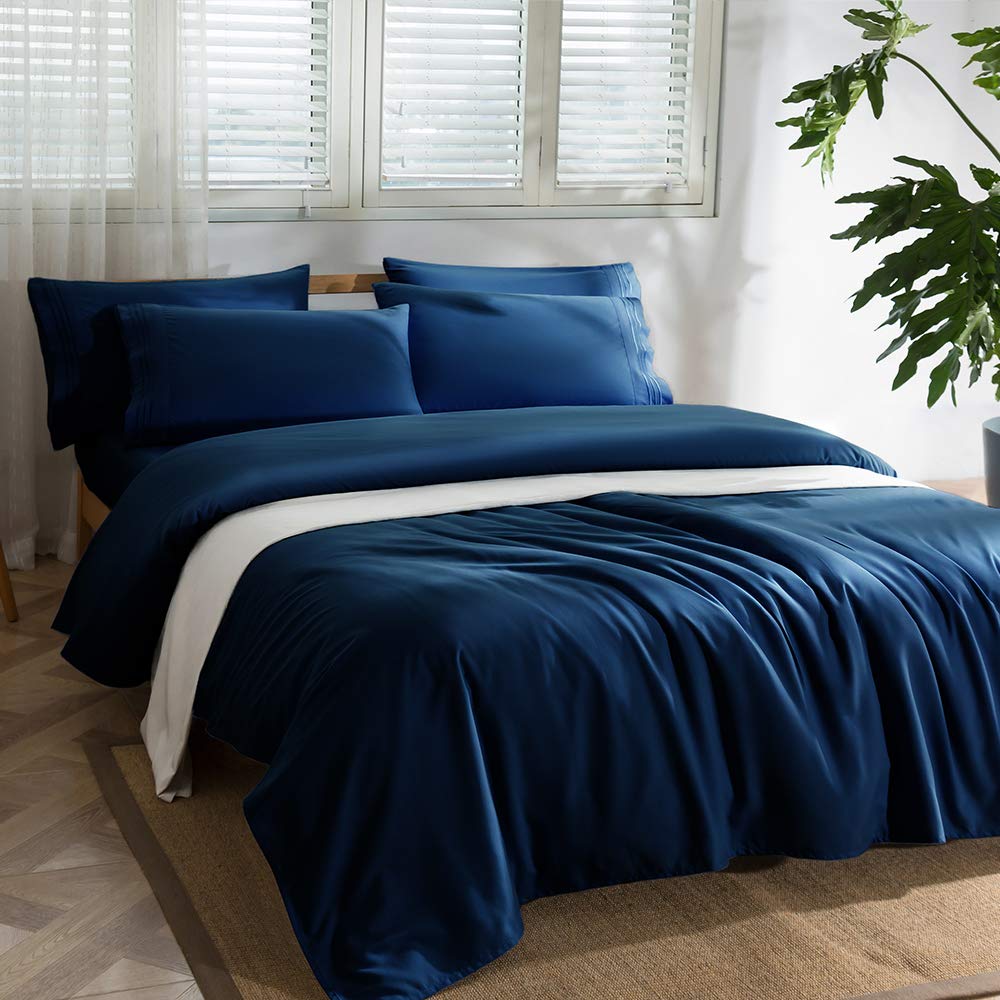 6PC Bed Sheets Set - Brushed Microfiber 1800 Thread Count Percale - 16" Deep Pocket (King, Navy Blue)