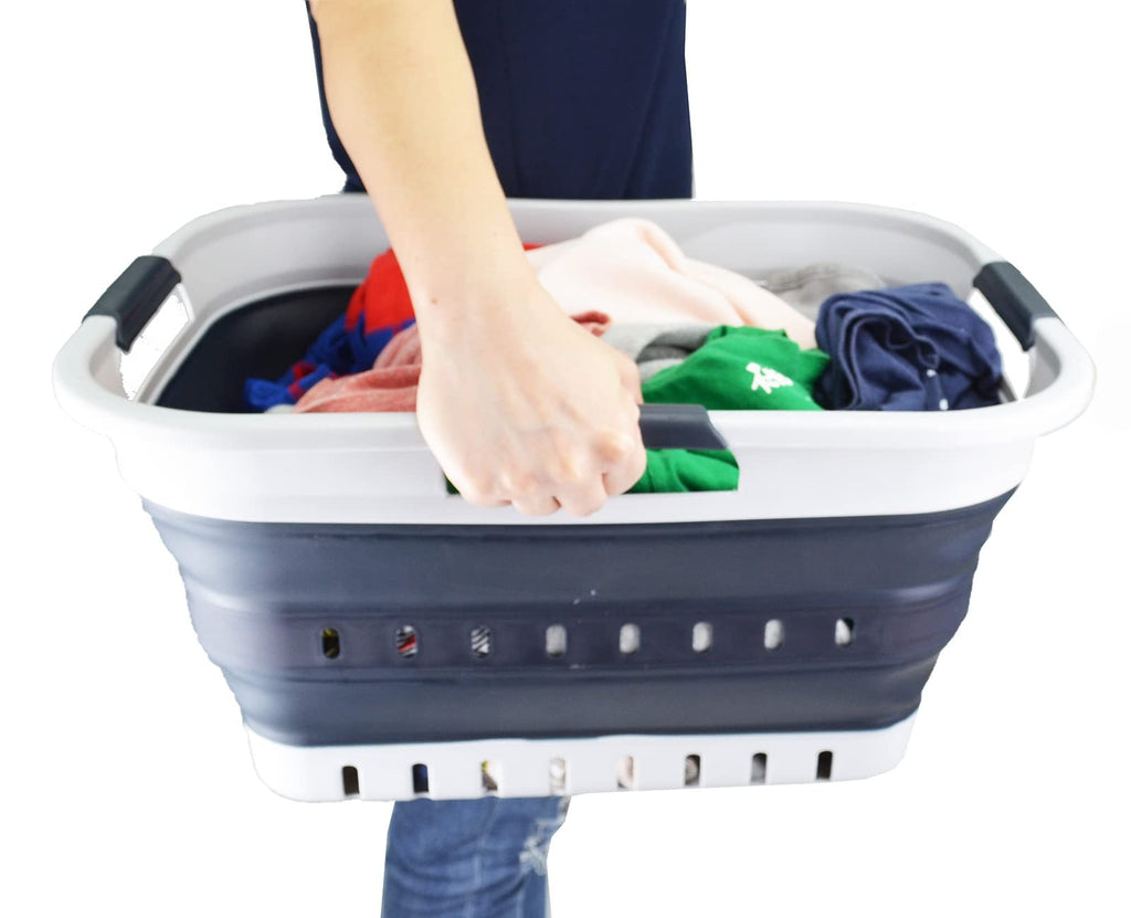 30L (8 gallon) Collapsible 3 Handled Plastic Laundry Basket - Foldable Pop Up Storage Container/Organizer - Portable