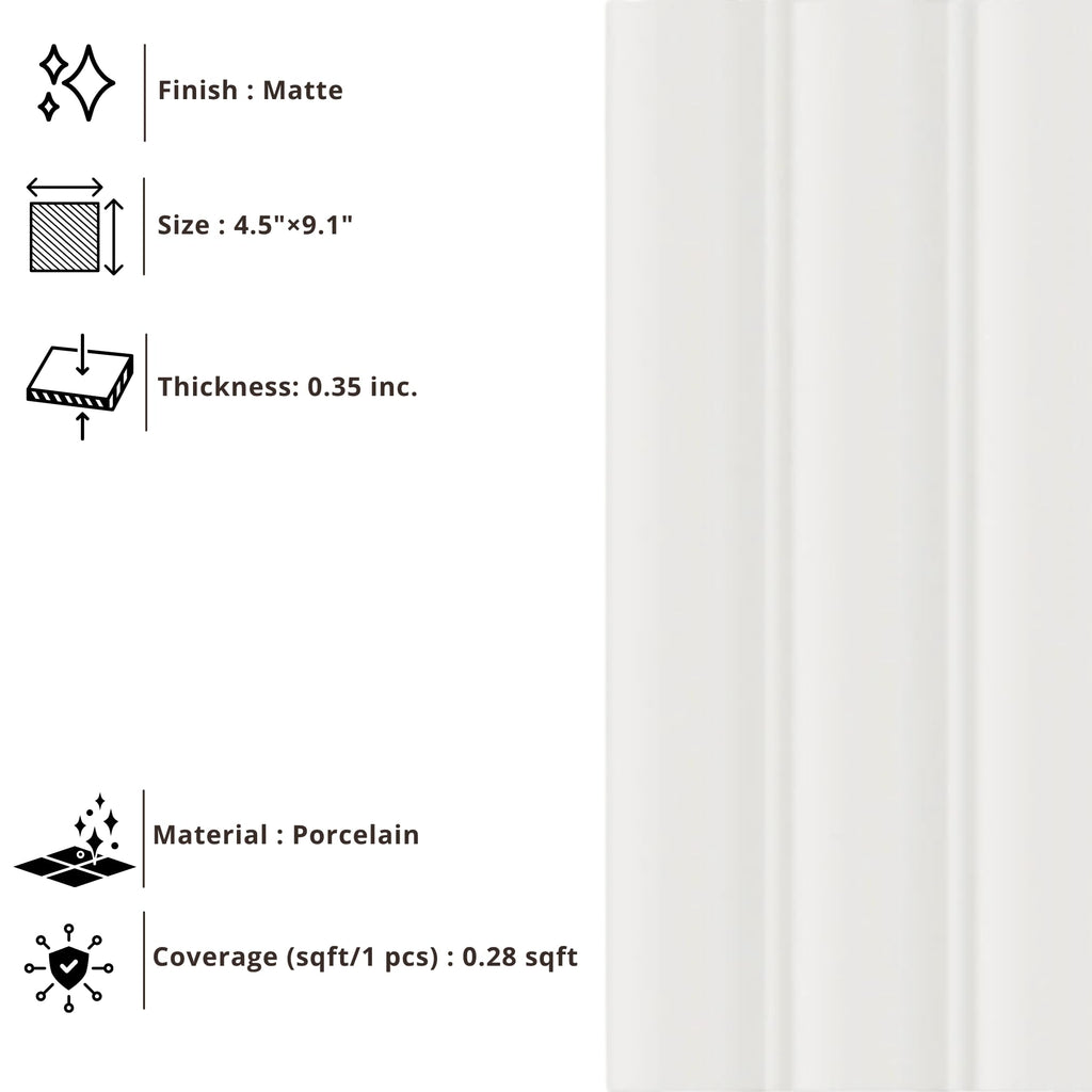 Slate White Ribbed Porcelain Wall Tile 4.5" x 9.1" Matte Finish, Fluted Decorative 3D Wall Tile Backsplash, Bathroom