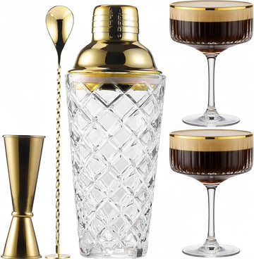 Cocktail Shaker Set with Coupe Glasses - 5-Piece Gift Set Includes Pineapple Glass Shaker with Gold Lid, Jigger, Bar - Set of 5
