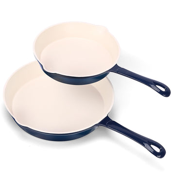 Pans Set, 8 & 9.5 Inch Ceramic Cast Iron Pans Set, Blue