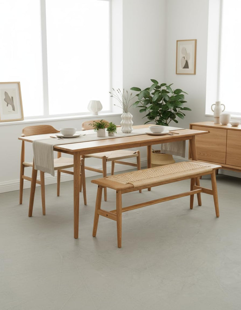 100% Solid Oak Wood Woven Dining Bench