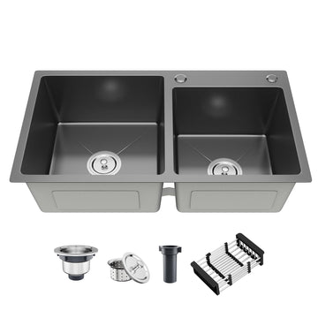 30.7x16.9 Inch Double Bowl Kitchen Sink, Drop Sink, 304 Stainless Steel Topmount kitchen, Sink Handmade Round Corner