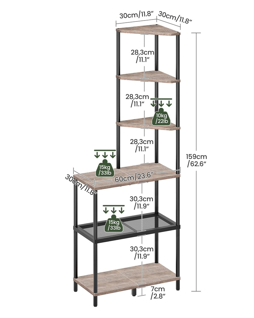 6-Tier Corner Shelf, Industrial Corner Bookshelf with Desk Top, Diamond-Shaped Storage Shelves, Display Stand for
