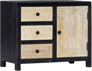 Hand Carved Side Cabinet, Solid Mango Wood Accent Storage Chest with 3 Drawers and 1 Door, Decorative Bedside