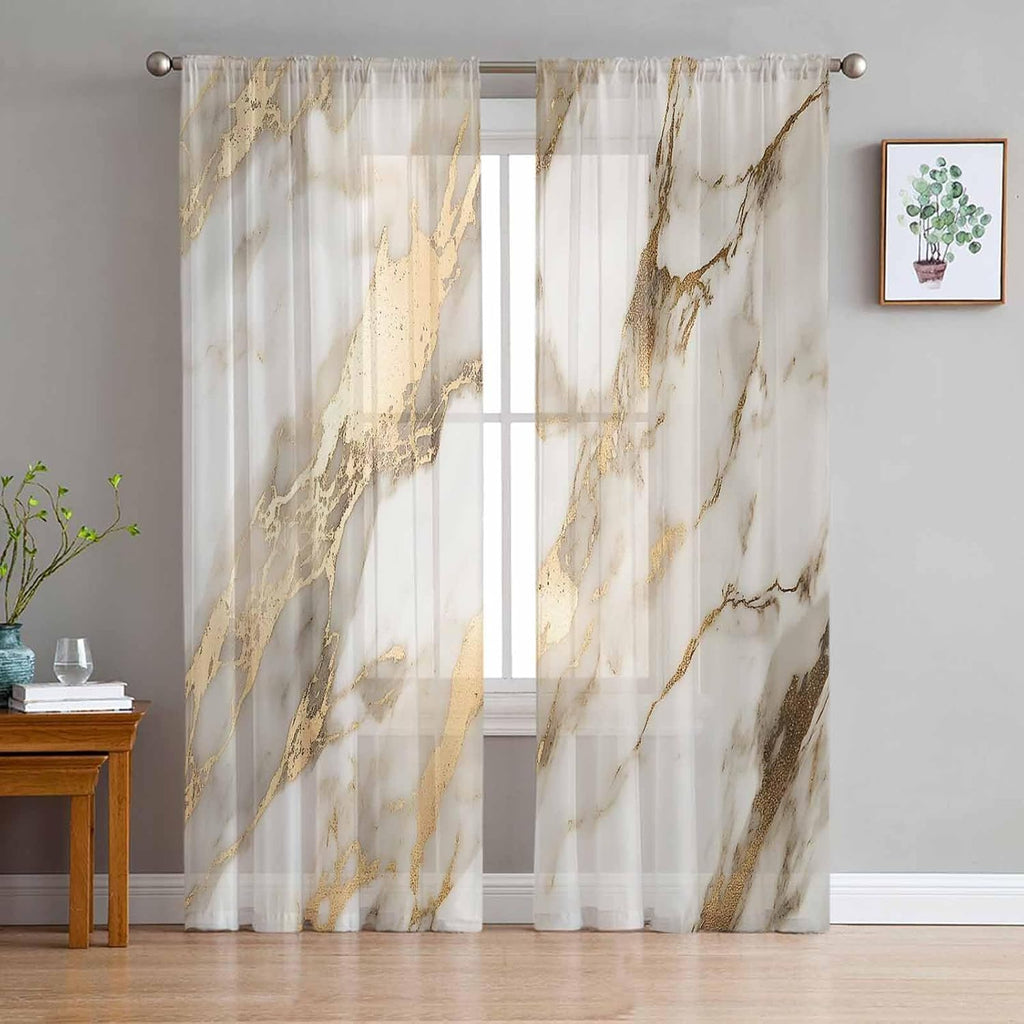 Sheer Curtains 96 Inches Long, Marble Gold Light Filtering Window Curtains , Abstract Luxury Wave Gold Marbling