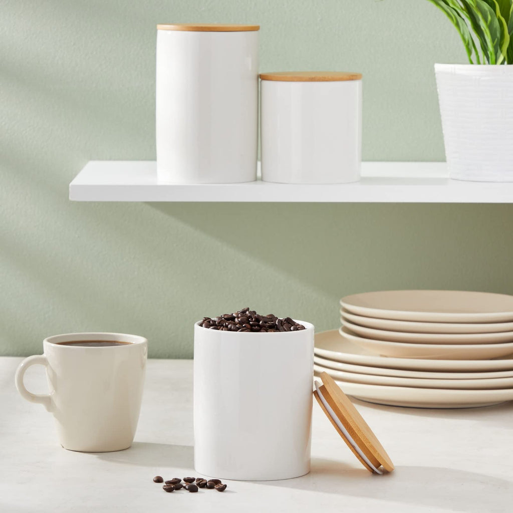 White Ceramic Canisters - Coffee Canisters with Airtight Wood Lids - Countertop Coffee Tea Sugar Container Set