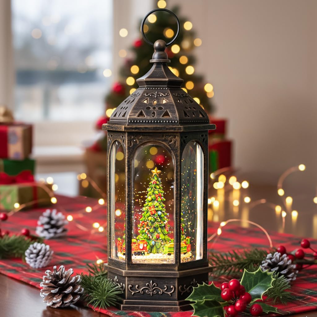 Animated Christmas Snow Globe Lantern Octagon with Rotating Train Christmas Tree Scene Music Box, USB and Battery