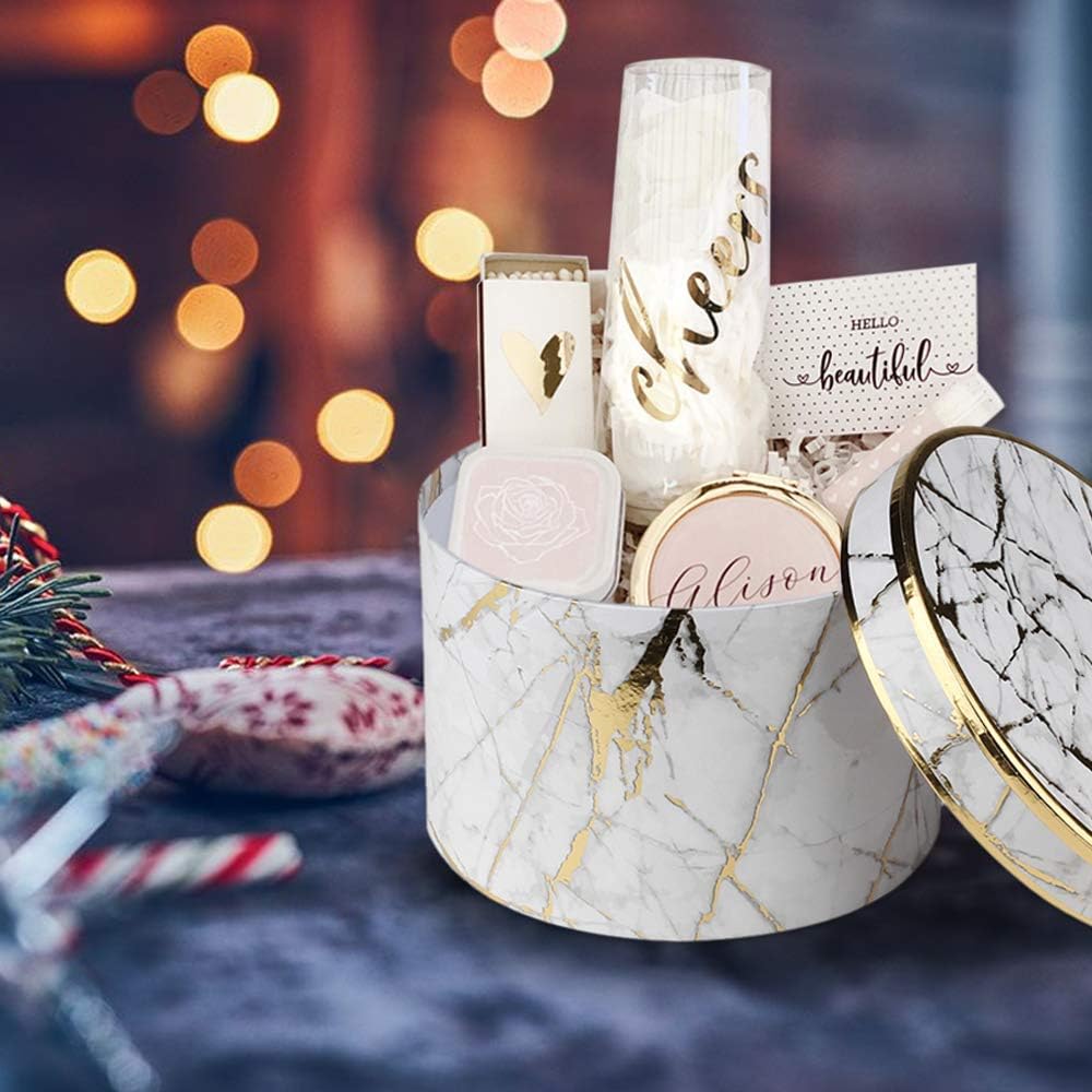 Round Gift Boxes with Lids Marble White Gift Box Assorted Sizes Nesting Gift Boxes for Presents Birthday - Set of 4