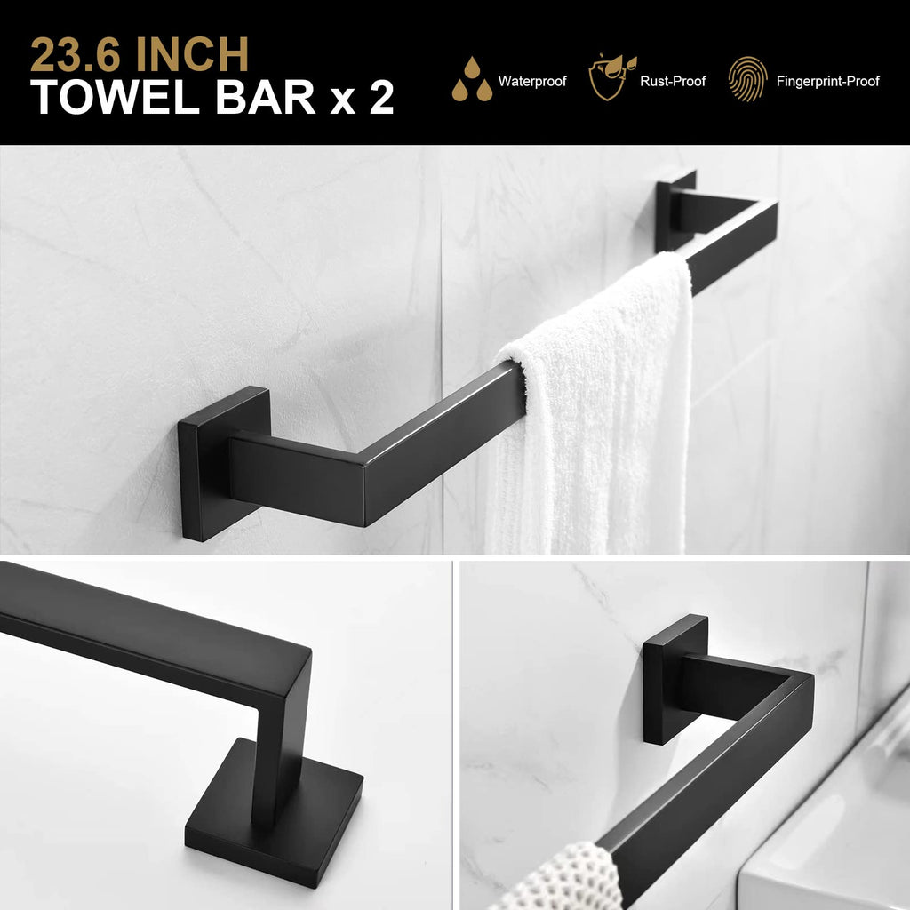 5-Piece Bathroom Hardware Set Matte Black, Towel Bar Set Stainless Steel Wall Mounted - Include 2 Towel Bar Towel