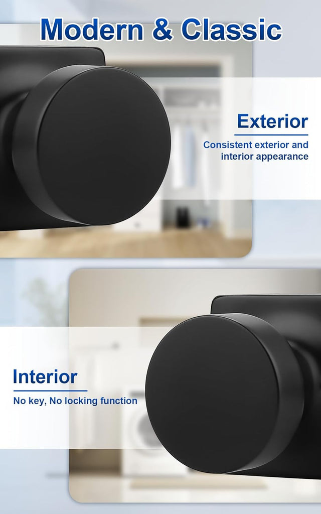 Passage Door Knobs Interior 6 Pack, Matte Black Door Knob Without Lock Inside