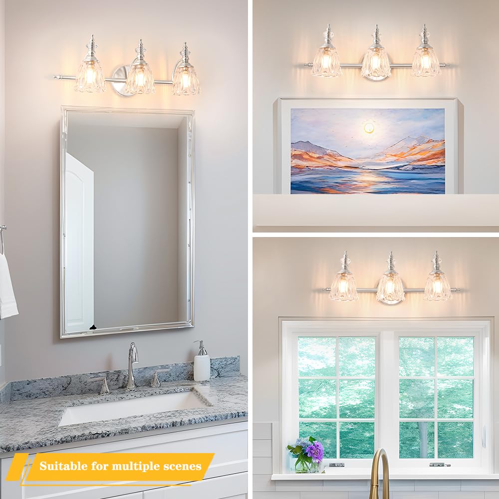 Brushed Nickel Vanity Light, Antique Bathroom Vanity Light Over Mirror, 3 Light Lighting Fixture with Flower Glass