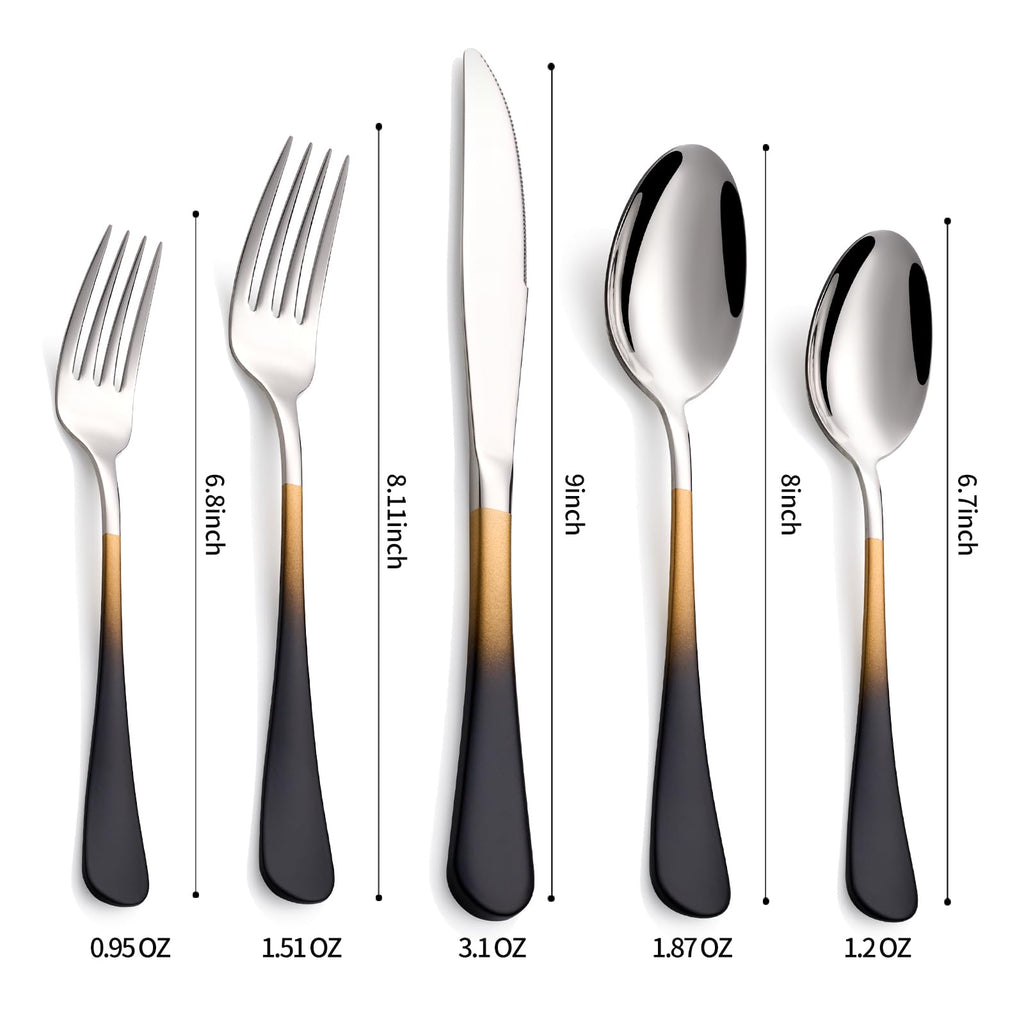 20-Pieces Black gold Silverware Sets for 4, Black gold Handle Stainless Steel Cutlery Set, Include Forks Spoons and
