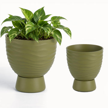 Green Terracotta Self Watering Plant Pots, 6 and 8 Inch with Saucers