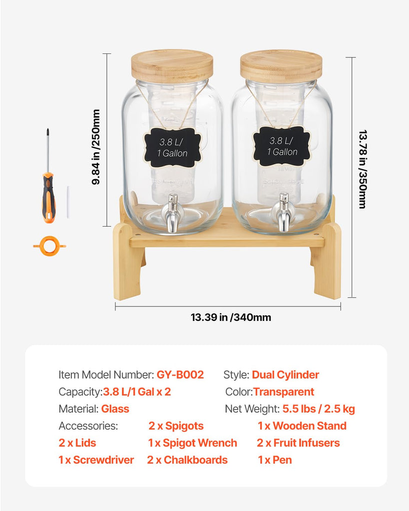 Beverage Dispenser, 2 Pack 1 Gallon Drink Dispensers for Parties, Glass Juice Dispenser with Wood Stand, Stainless