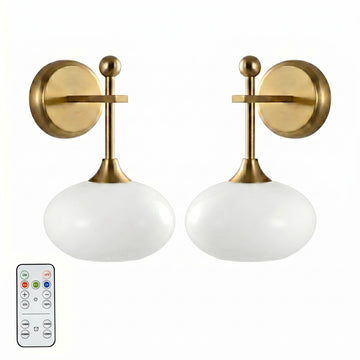 Battery-Operated Modern Brass Wall Sconce Set of 2, Wireless Rechargeable Wall Light with Remote Control, Milk Glass