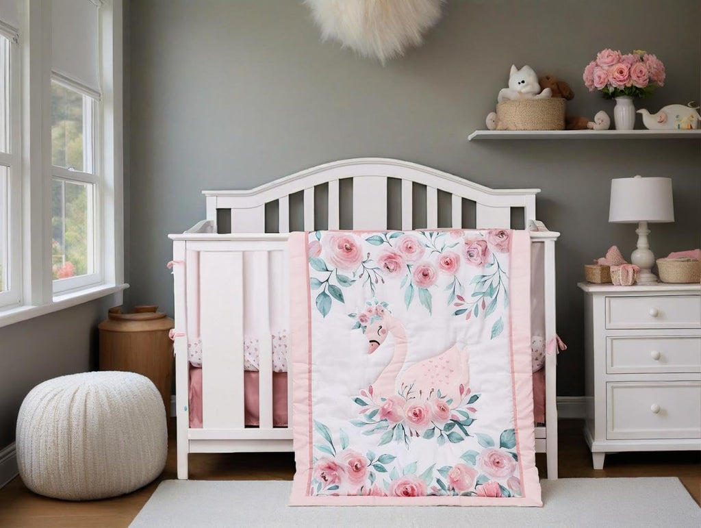 Animals 3pcs Baby Crib Bedding Set (Quilt, Fitted Crib Sheet, Crib Skirt) Pink Nursery Bedding Set for Girls Crib