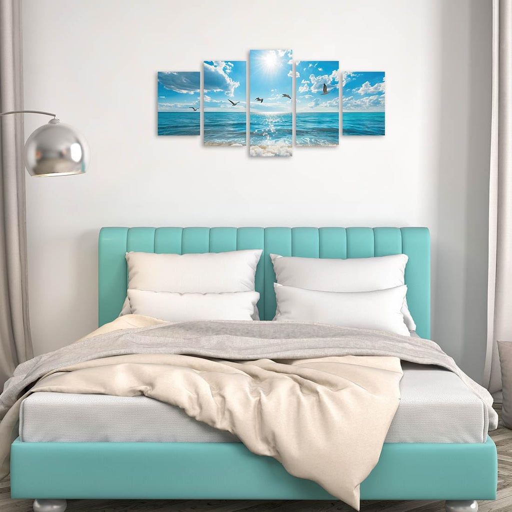 Seascape Canvas Wall Art Prints 5 Pieces Sea Pictures Blue Sky Ocean Wall Decor Living Room Home (Small, Wrapped