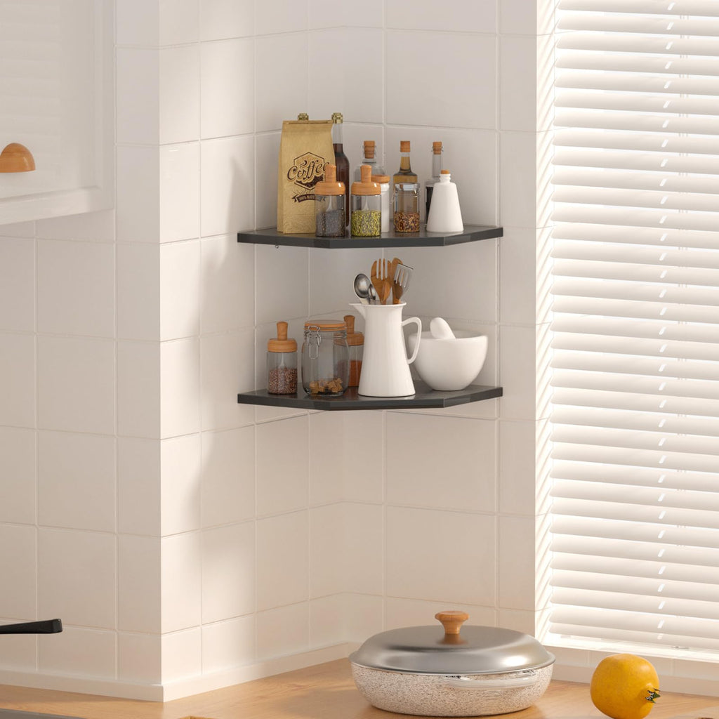 Corner Shelves, 12 Inch Corner Shelf Wall Mounted with Wire Hole, 4 Tier 13.3 Inch Deep Wooden Corner Hanging