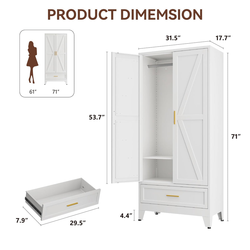 71" Metal Armoire Wardrobe Closet with Hanging Rod, White-X 1 Drawer