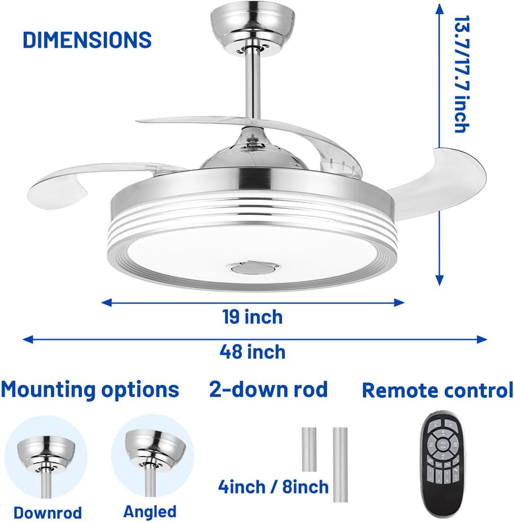 48 inch Modern Retractable Ceiling Fan with Lights and Remote Control, 6Speed Dimmable Fandelier, Smart Ceiling Fan