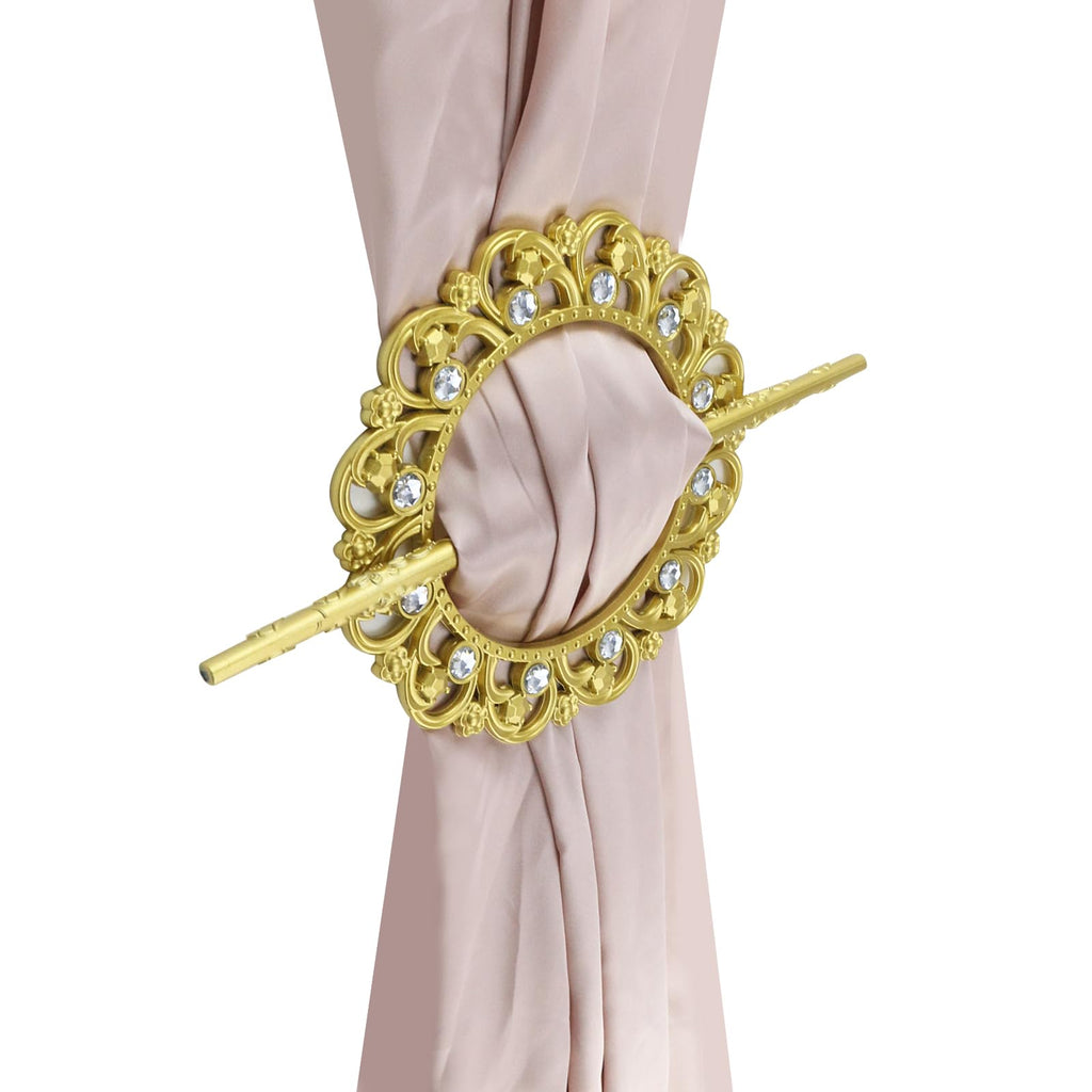 Gold Curtain Tiebacks, Round Drapery Holdbacks, 12 Crystals - 2 Pack