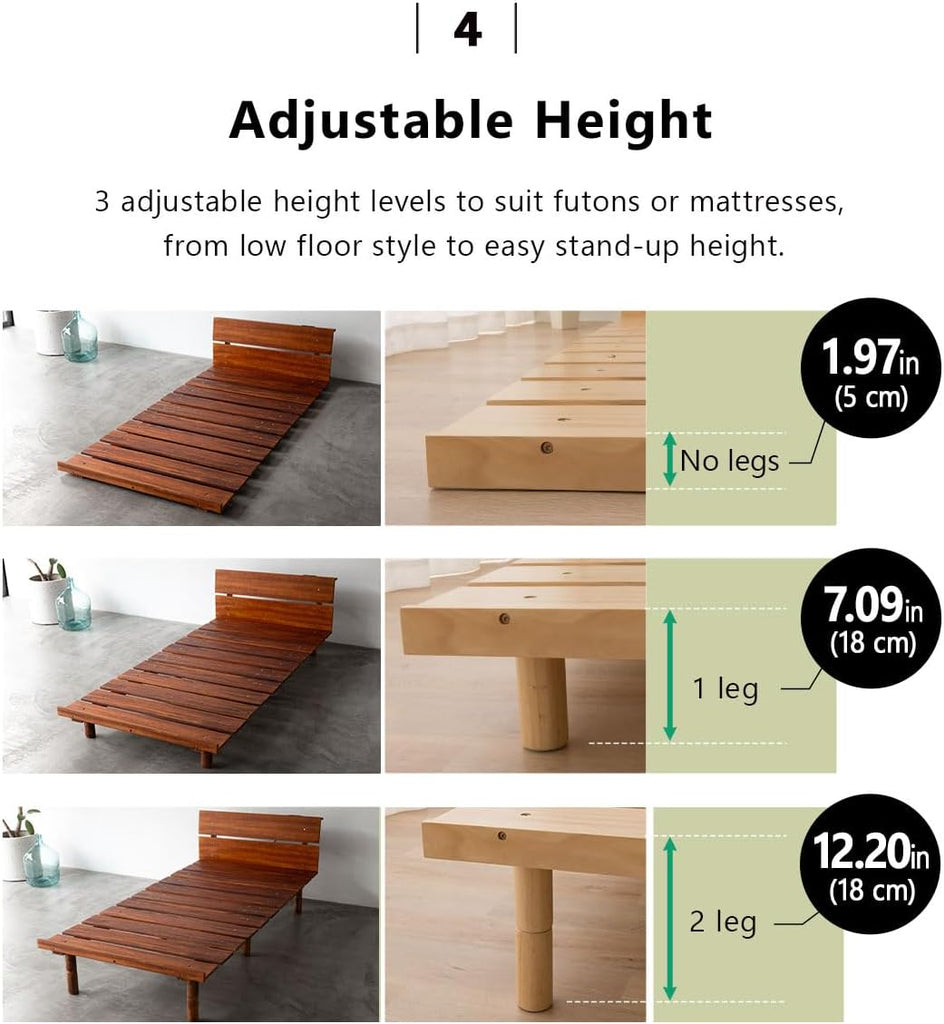 Wood Slatted Floor Bed Frame for Japanese Futon Mattress (Earth-Natural), Head Board Height