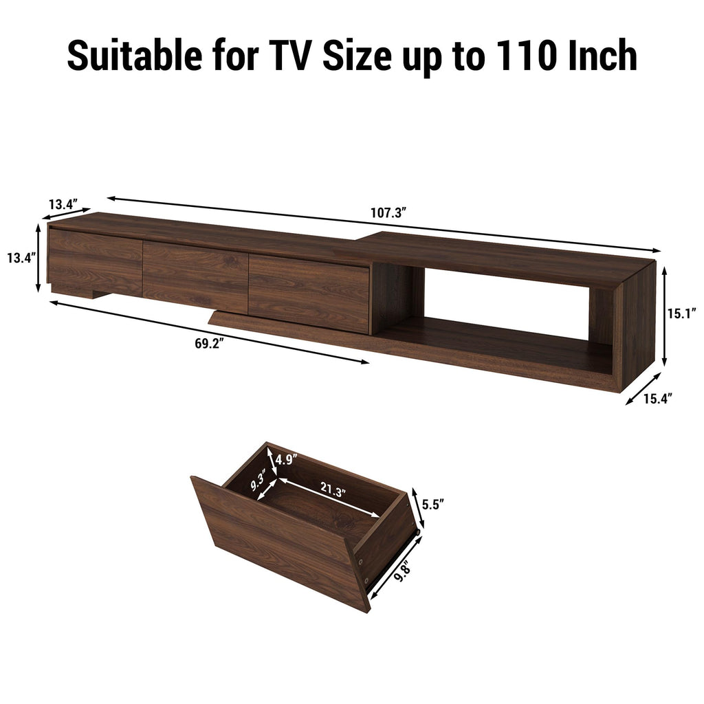 Extendable TV Stand with 3 Drawers, Modern Minimalist Entertainment Center, Reversible Long TV Media Console, Bevel